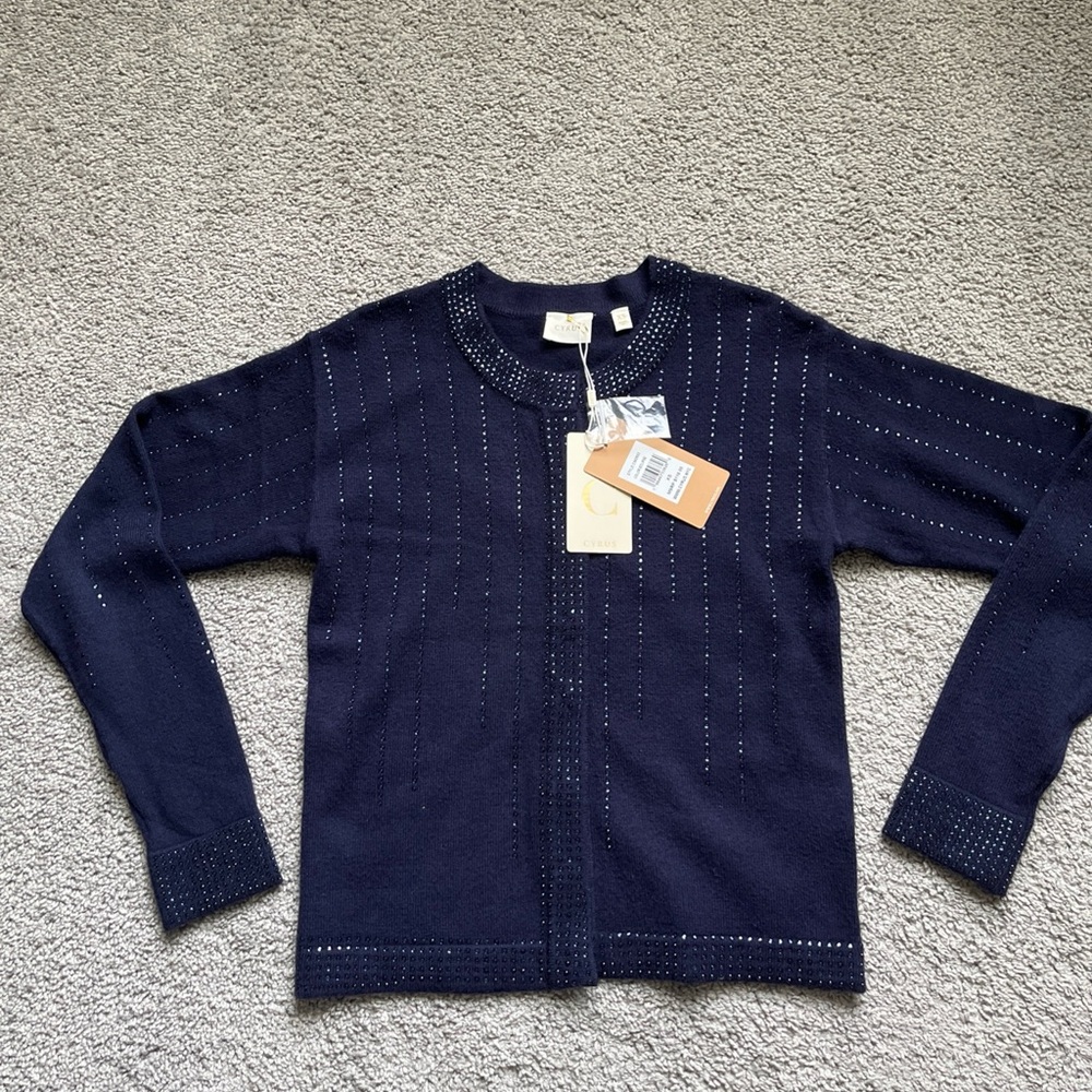 Cyrus Navy Beaded Snap Closure Cardigan Size XS NWT